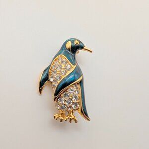 Vintage Coro Style Enamel and Crystal Penguin Brooch
